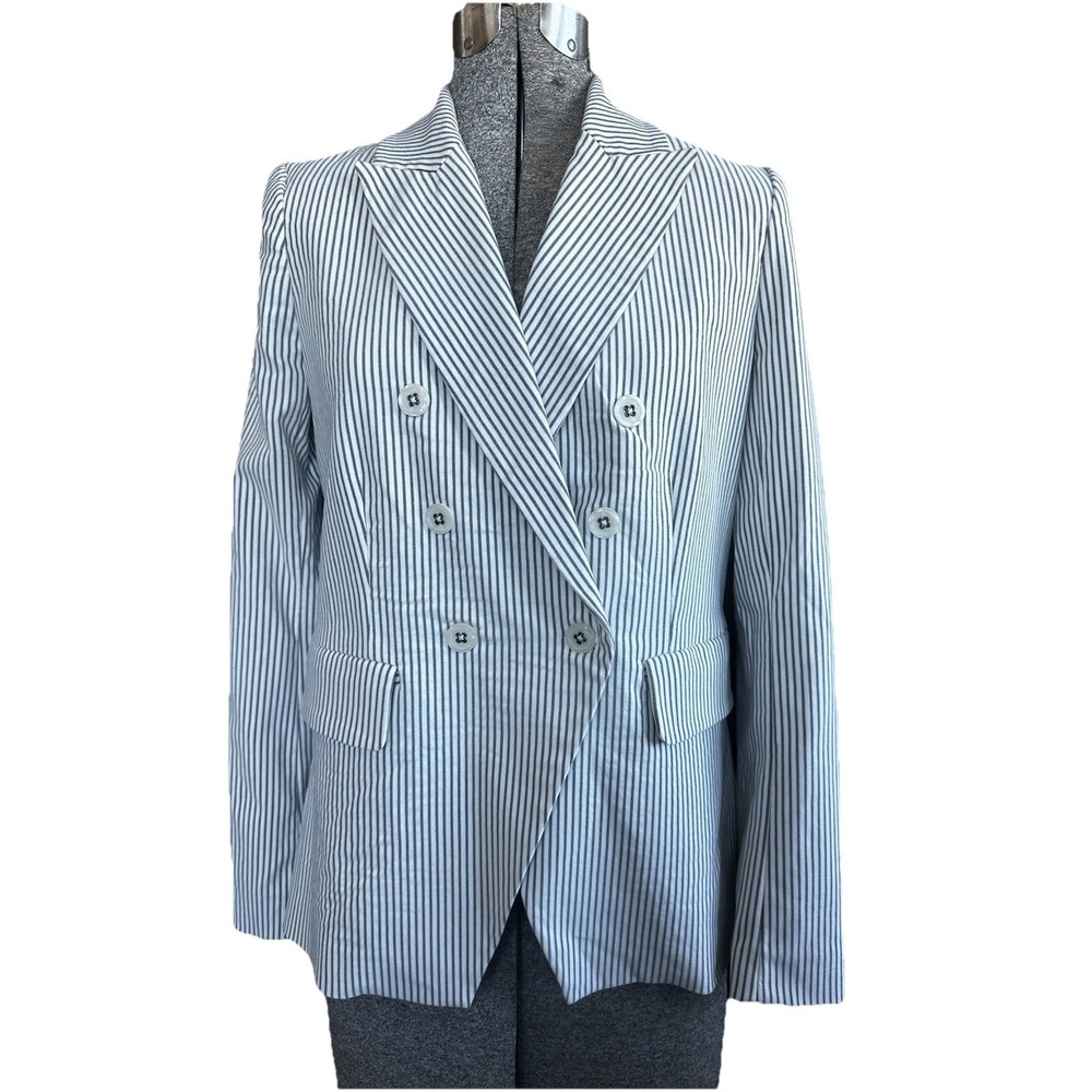 NWT Carolina Belle Montreal Womens Gray Double Breasted Striped Blazer Size M